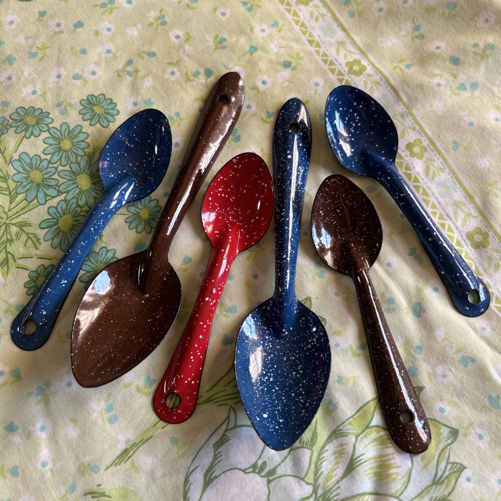 Enamelware Spoons 6PC Lot Speckled Blue, Brown & Red Please See Pics 