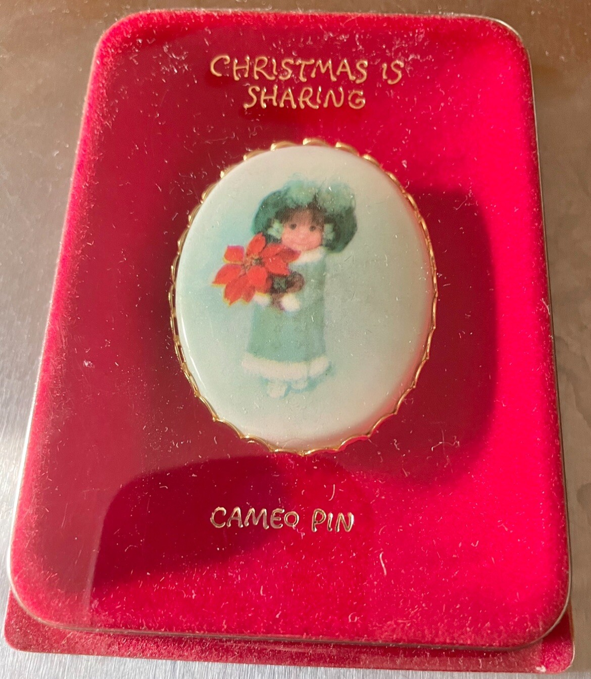 New Vintage Hallmark Christmas Is Sharing Poinsettia Cameo Brooch Girl Pin