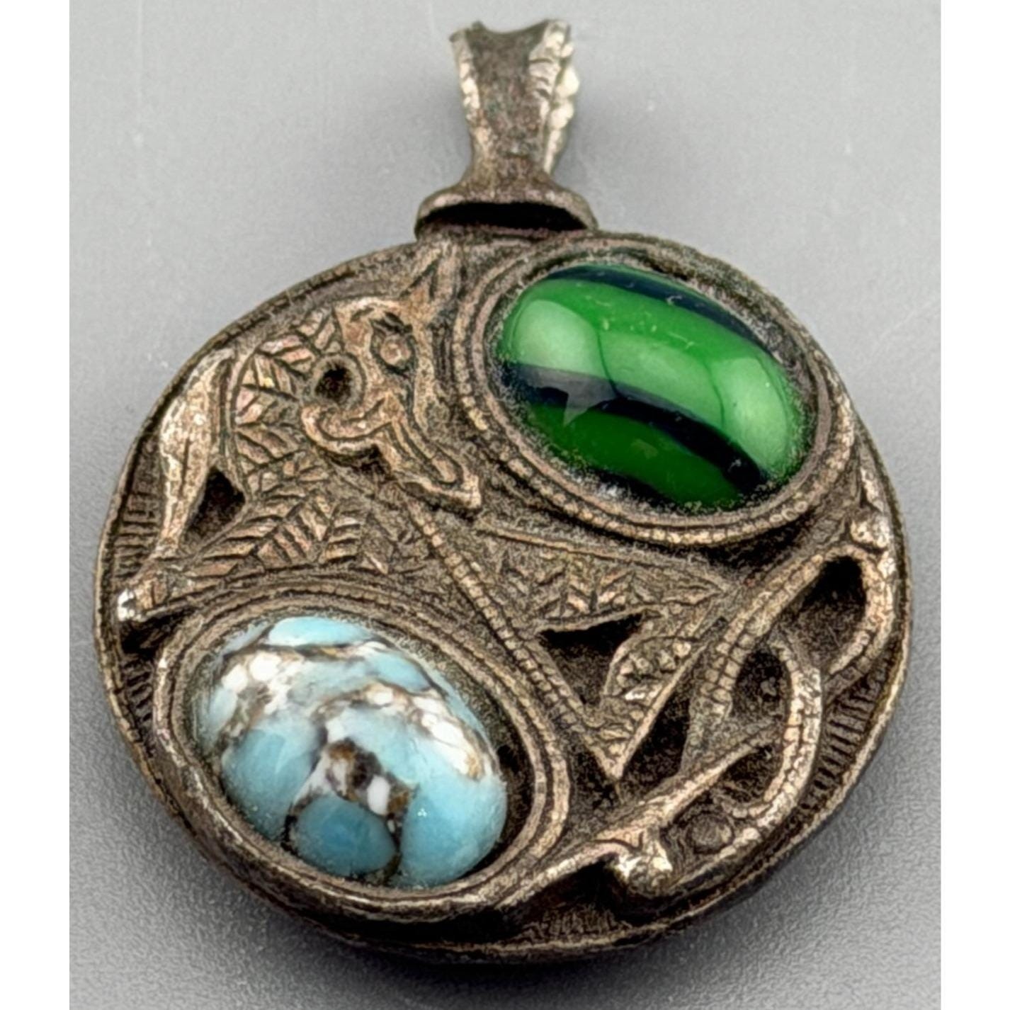 Vintage Chinese Dragon Amulet Pendant Blue Green Stones Pot Metal 7/8 Vintage Chinese Dragon Amulet Pendant Blue Green Stones Pot Metal 7/8