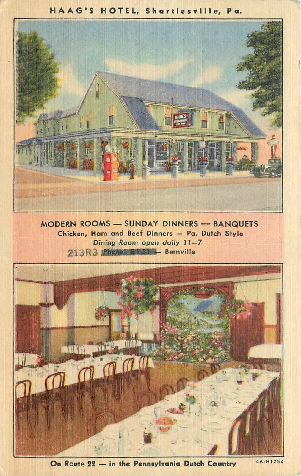 1940s Shartlesville Pennsylvania Haag\'s Hotel occupation Postcard 26-577