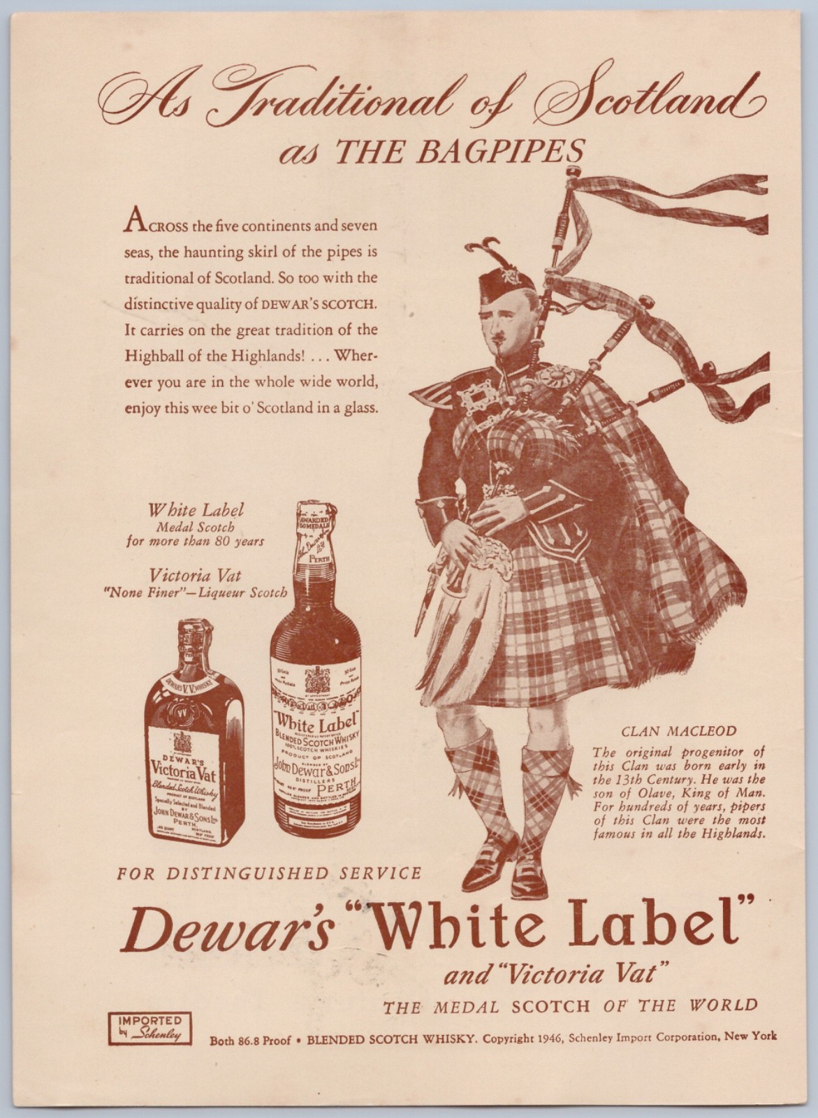 1946 Dewars White Label Scotch Vintage Ad Scottish Clan Macleod Bagpipes