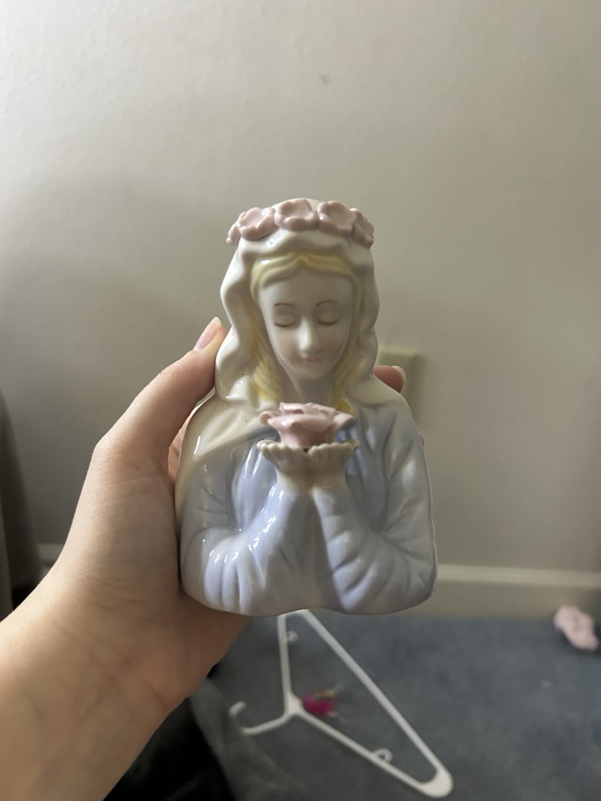 Vintage Virgin Mary Porcelain Figure With Pink Rose
