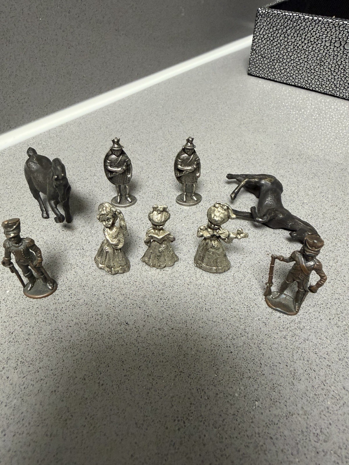VTG Lot of 9 Pewter Metal Miniature Figurines Soldiers Roman Guards Horses Girls