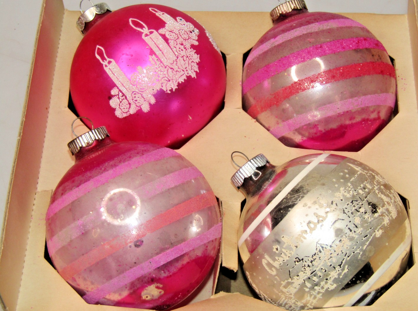 Lot VTG Glass Pictured Stencil CANDLE BALL Christmas EVE Ornaments Corning Shiny