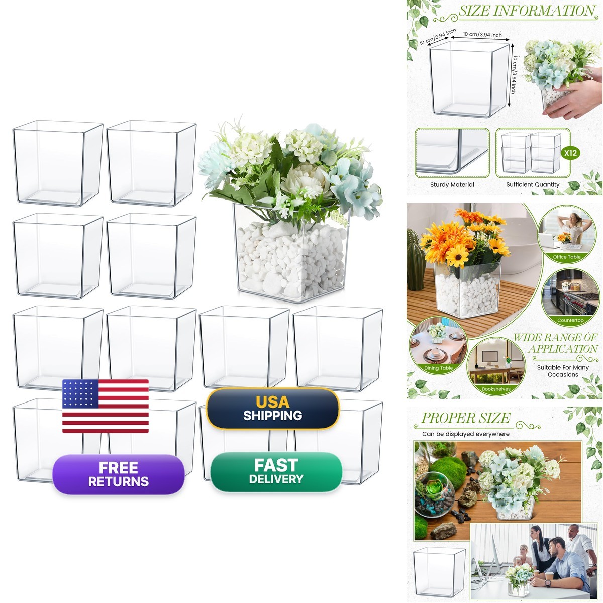 Tioncy 4'' x 4'' 12 Pcs Cube Clear Flower Vase Acrylic Flower Vase Square Tioncy 4'' x 4'' 12 Pcs Cube Clear Flower Vase Acrylic Flower Vase Square