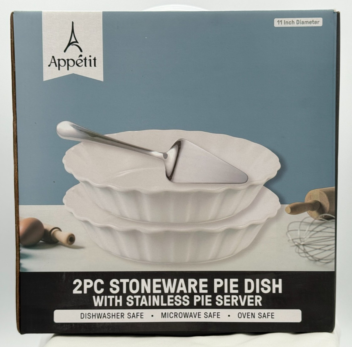 Appetit 2 PC Stoneware Pie Dish W/ Stainless Steel Pie Server - 11 Inch Diameter