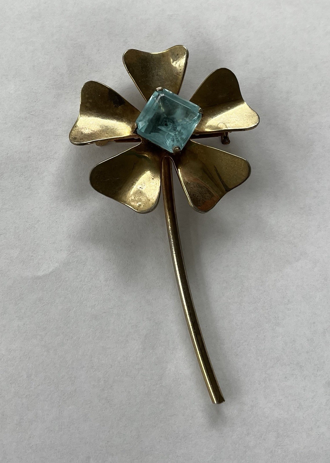 Vintage Art Deco Flower Brooch Aqua Rhinestone Gold Tone Vintage Glam