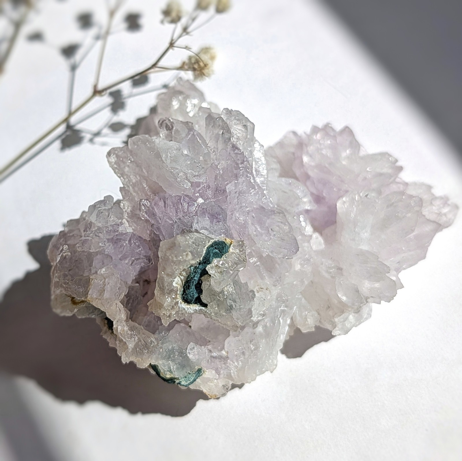 220g natural rose amethyst flower with celadonite, pastel crystal amethyst plate