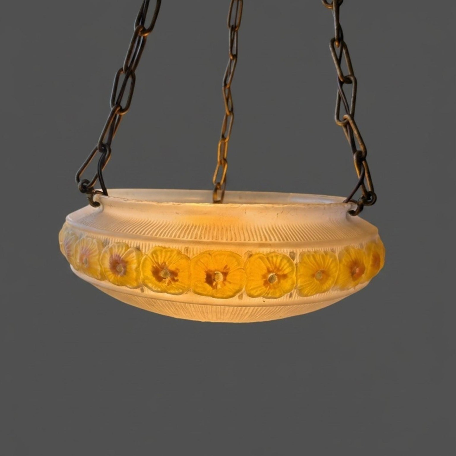 Rare Antique Chrysanthemum Flowers Embossed Glass Ceiling Light Lamp Shade 