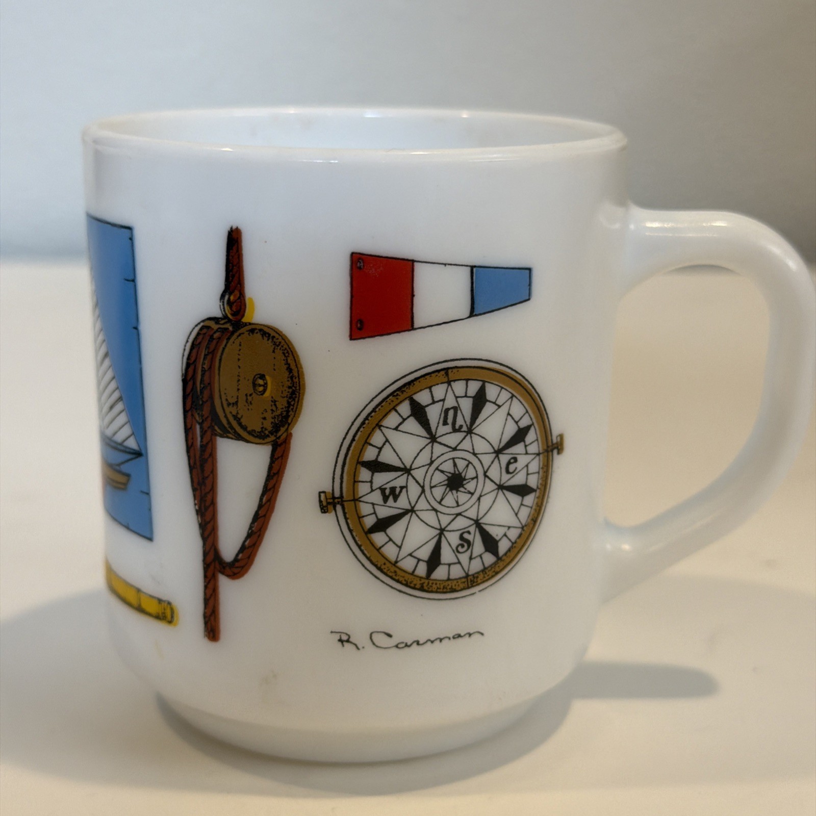 Vintage R. Carman Nautical Sailing Theme Milk Glass Mug France Coffee Cup