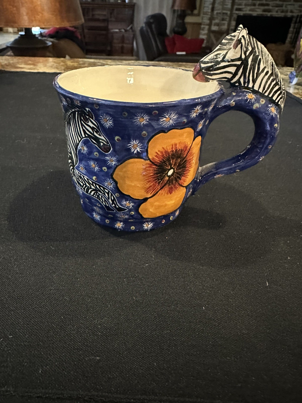 Vintage 1999 Ardmore Ceramic Studio Handmade and Painted Zebra Handle Floral Mug