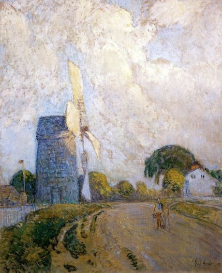 Oil painting Frederick-Childe-Hassam-Windmill-at-Sundown-East-Hampton landscape