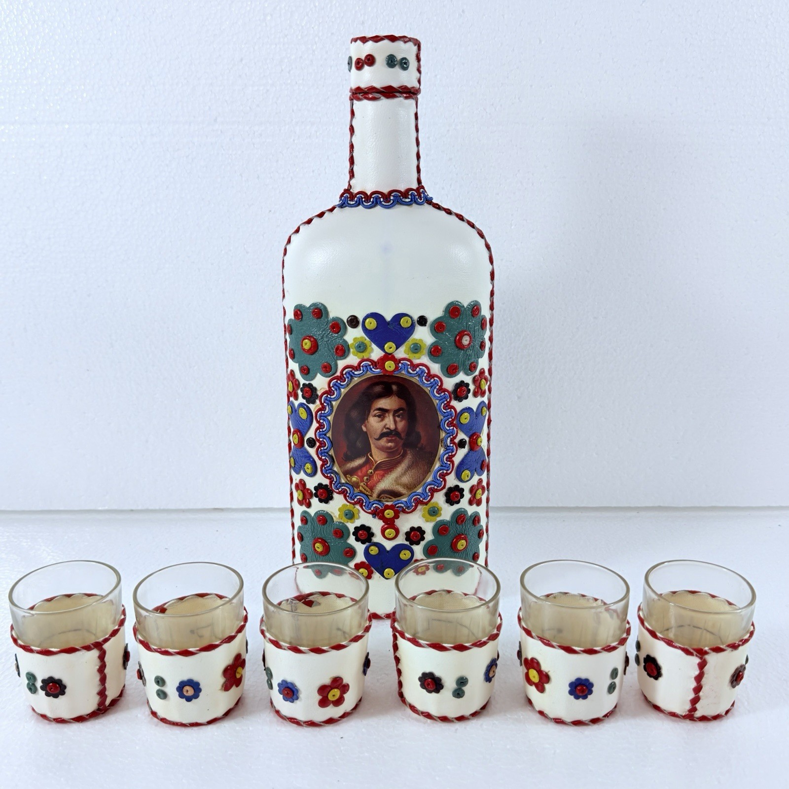 VTG Yugoslavia Leather Wrapped Decanter Glass Bottle Shot Glasses Folk Art Set