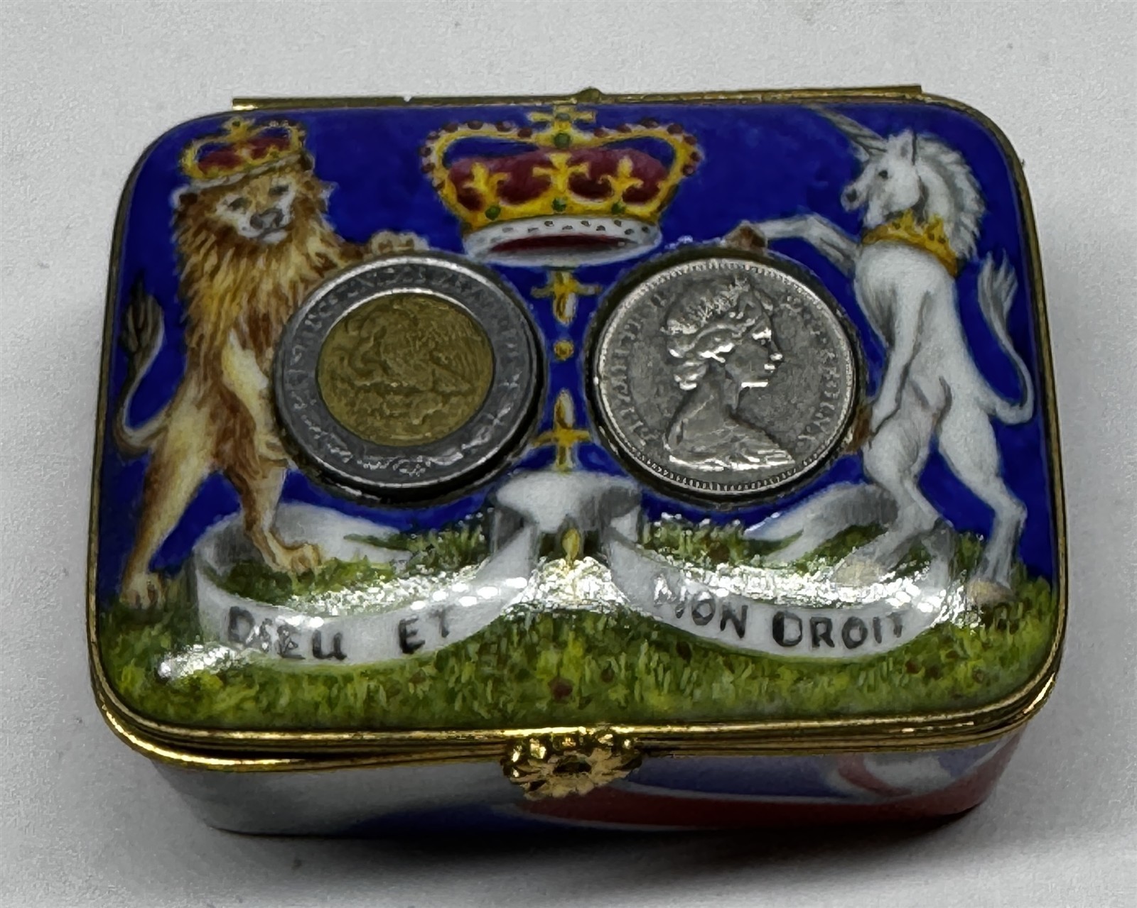 Signed Hand Painted Limoges France Royal Coat of Arms Box w/ Coins Dated 2003