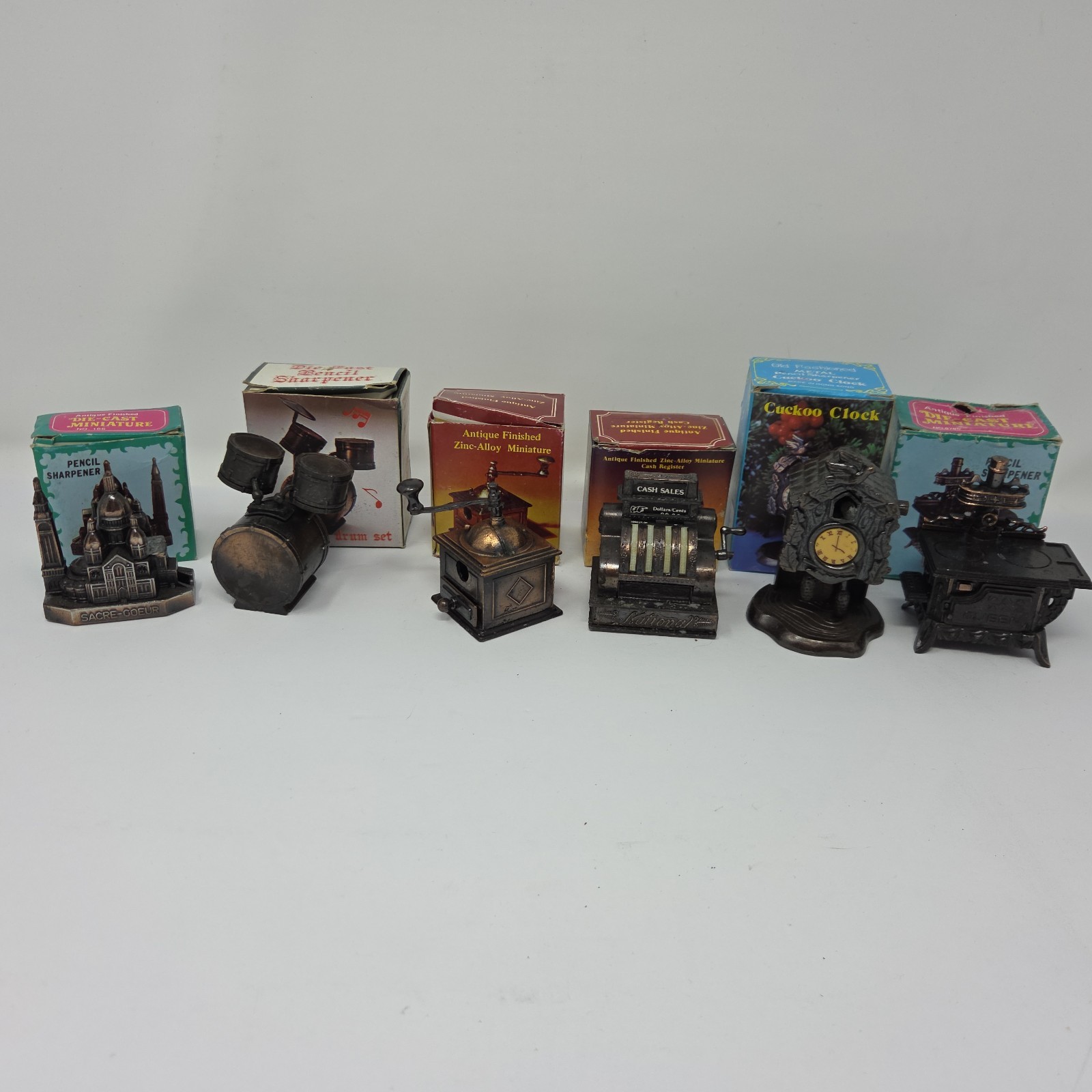 Vintage Antique Miniature Die Cast Metal Pencil Sharpeners Lot of 6 Vintage Antique Miniature Die Cast Metal Pencil Sharpeners Lot of 6