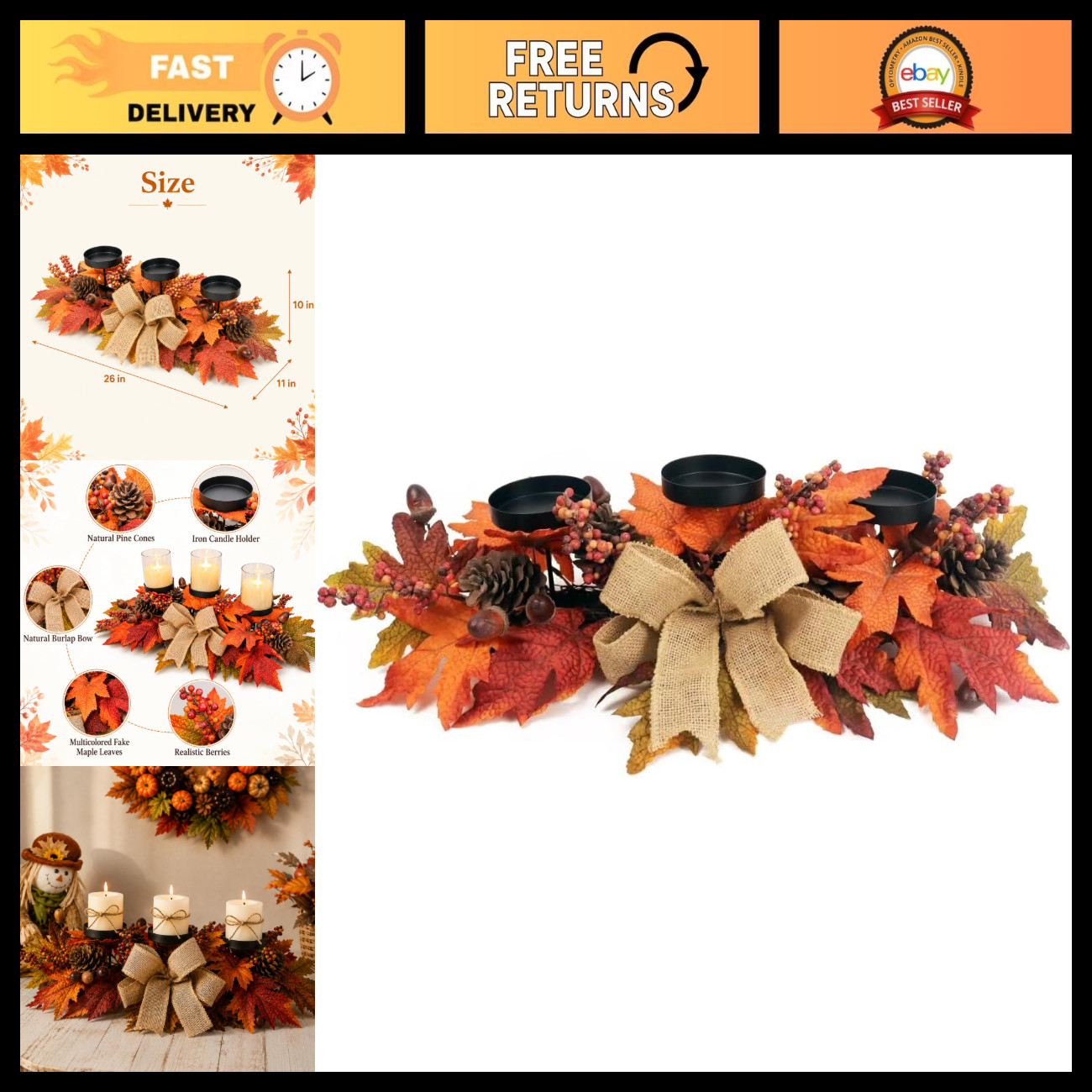 Autumn Candle Holder Centerpiece with Maple Leaves, Pinecones & Burlap Bow for T