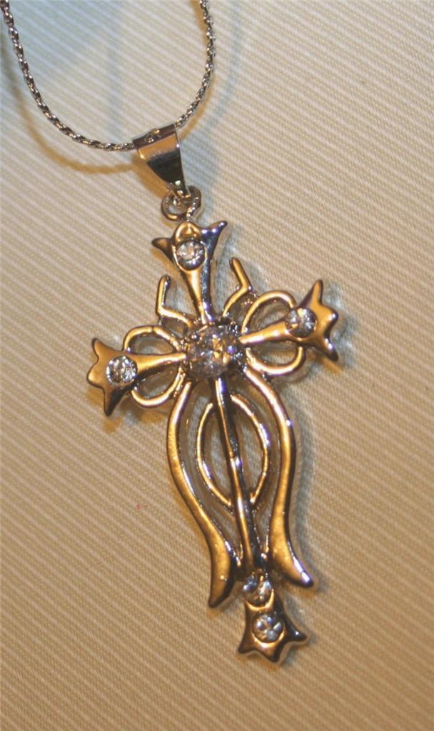 Lovely Rhinestone Open Sloped Shiny Silvertone Cross Pendant Necklace