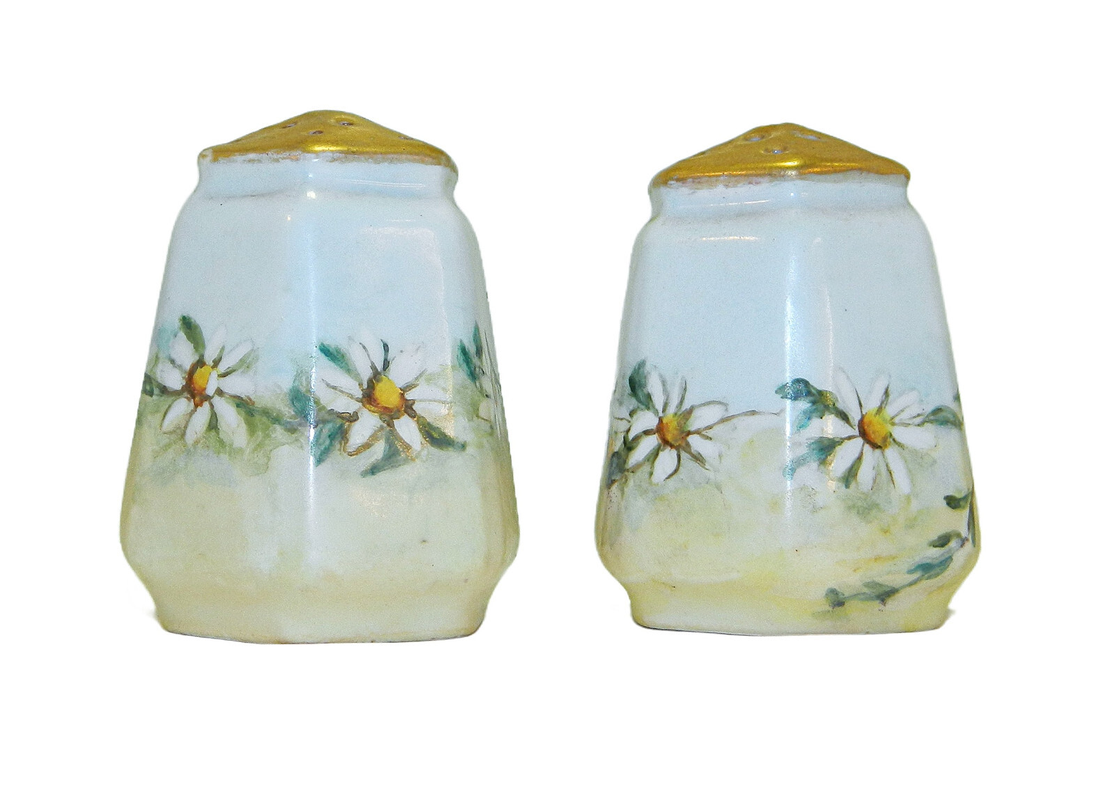 HANDPAINTED NIPPON PORCELAIN SALT & PEPPER SHAKERS GILDED TOPS EARLY 20TH CENT
