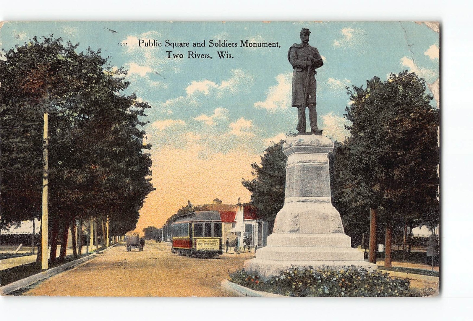 Two Rivers Wisconsin WI Postcard 1912 Public Square And Soldiers Monument
