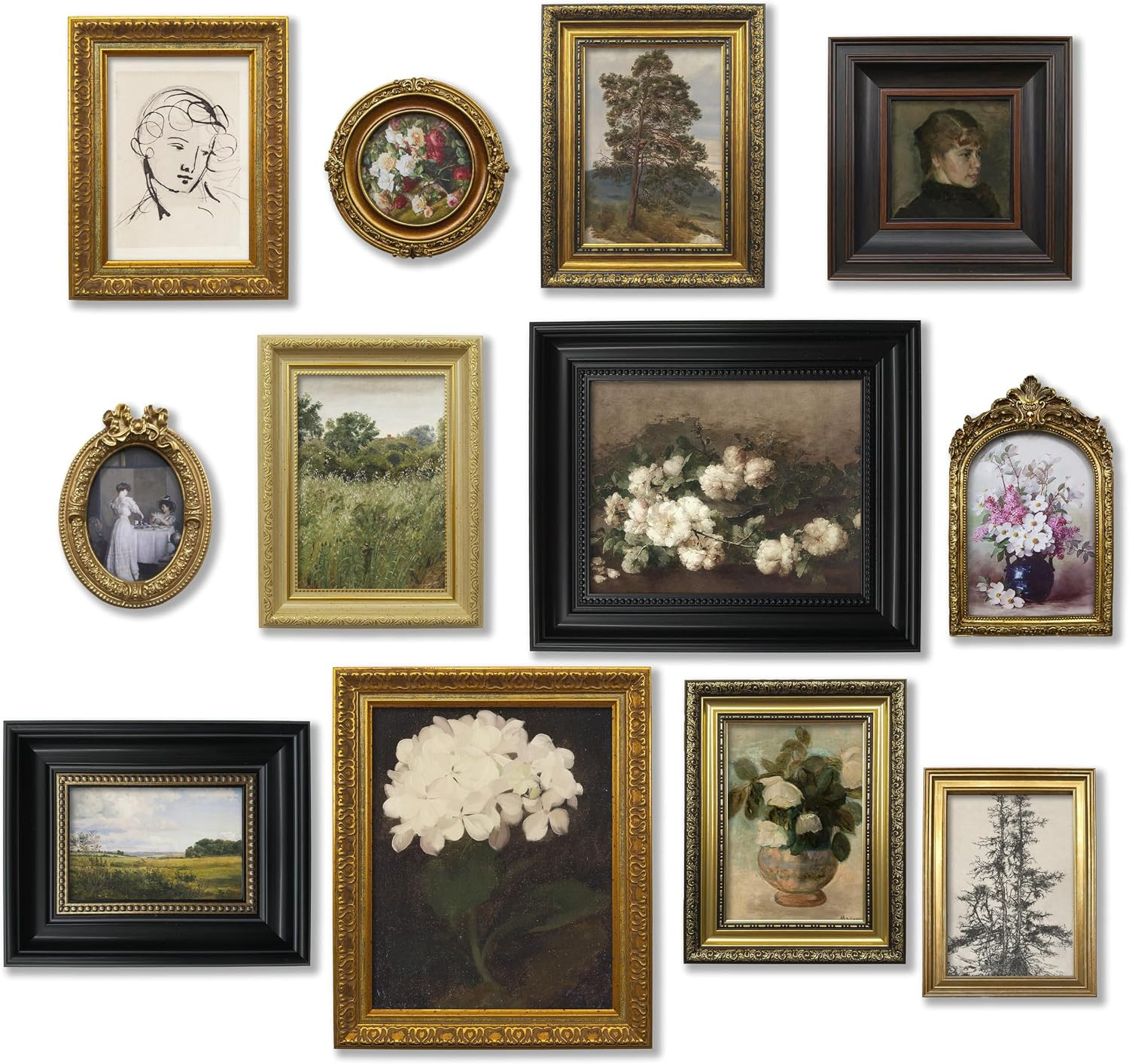 Vintage Picture Frame Set, Antique Gold and Brass, 12-Piece