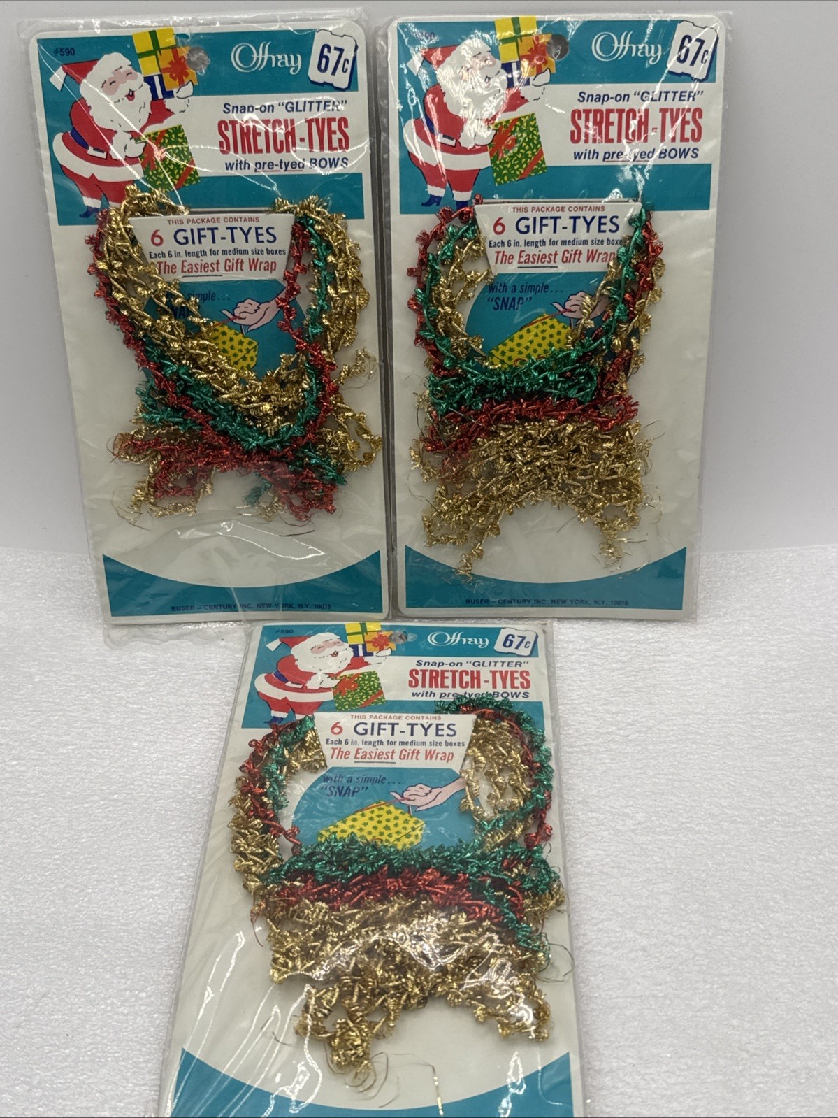 Lot 3 Vintage OFFRAY Christmas Snap-on Glitter Stretch Tyes Gift Wrap 18 Total