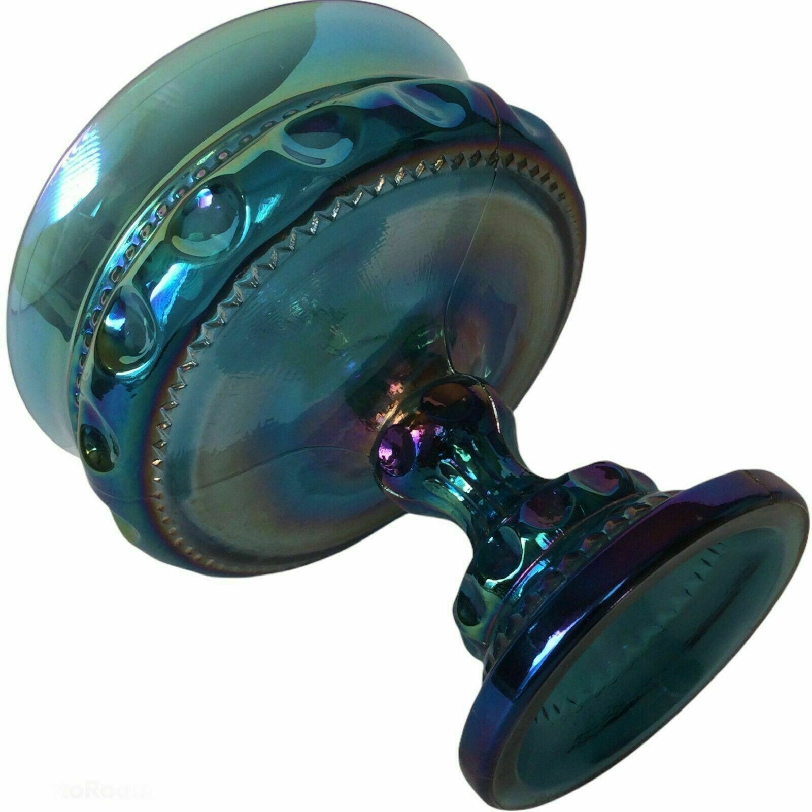 Vintage Indiana Carnival Glass Iridescent Blue Wedding Bowl Pedestal Compote 5\