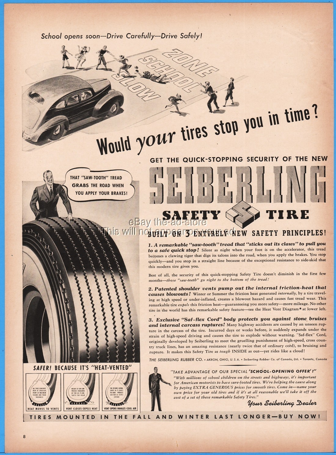 1939 Seiberling Rubber Co Akron Ohio Automobile Motor Car Tire School Zone Ad