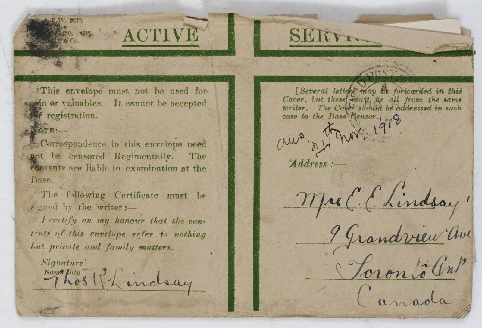 WWI Letter Mons Belgium Nov 1918 Hugh Lindsay Toronto Canada Armistice Influenza