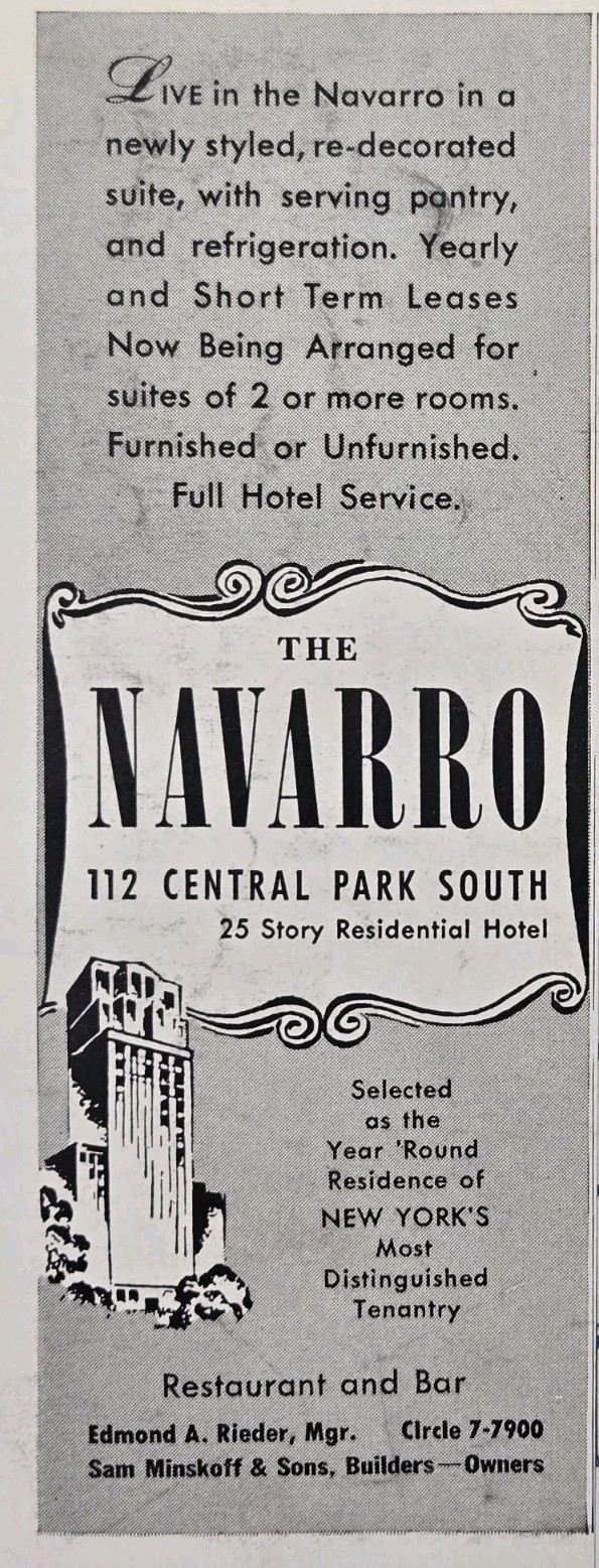 The Navarro Hotel Central Park South New York Yearly Lease Suites Print Ad 1940