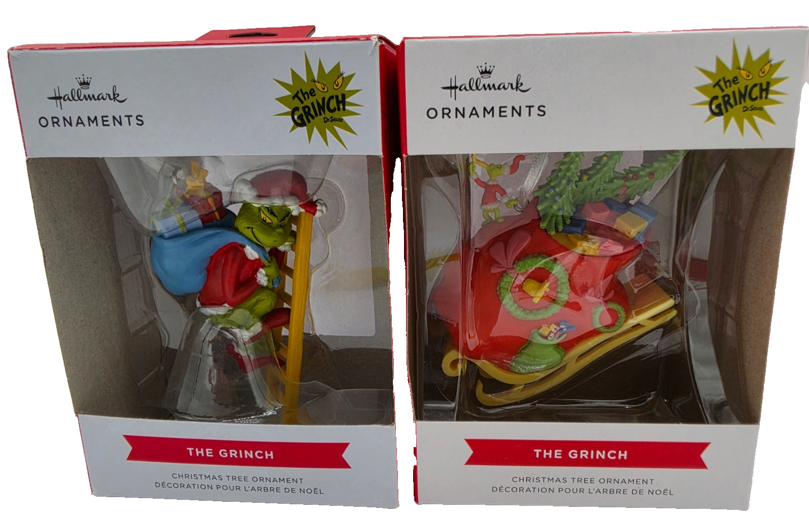 Hallmark Dr. Seuss The Grinch on Sleigh & Grinch on Ladder Set 2 Ornaments NEW
