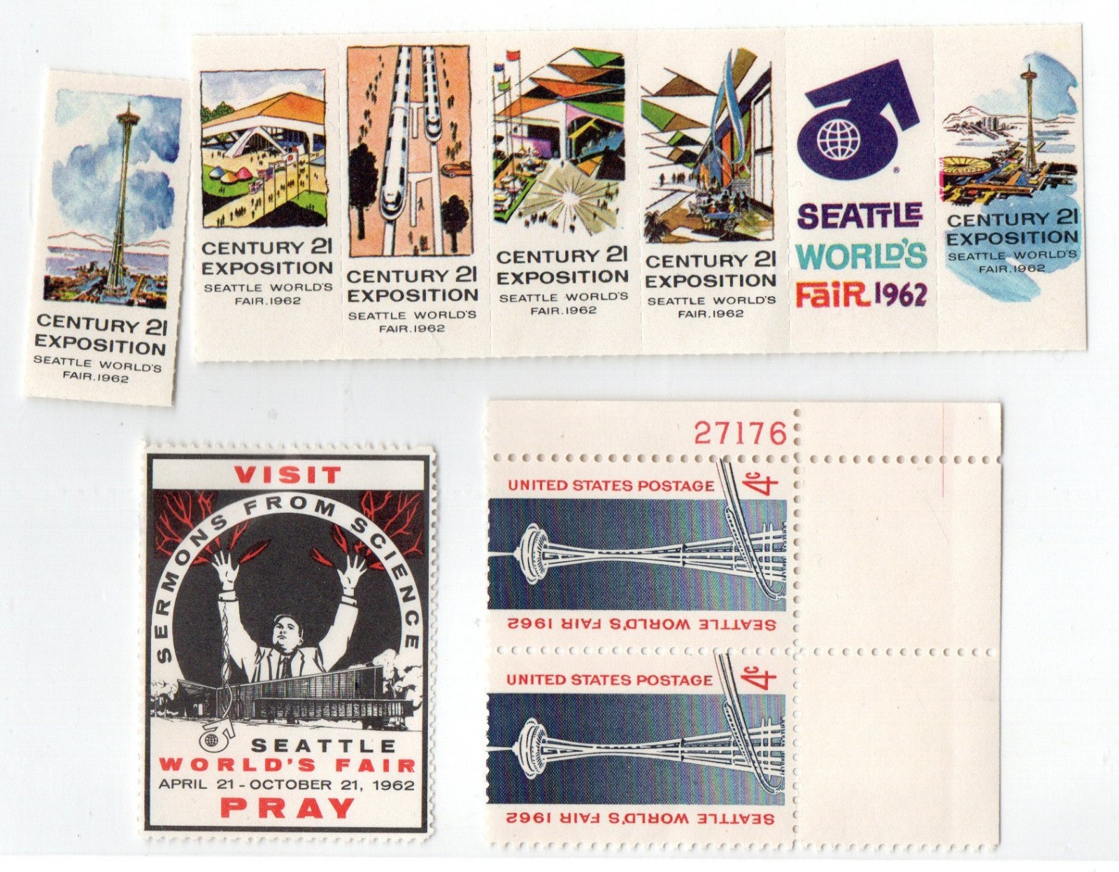 SEATTLE WORLD'S FAIR ** SET 7 POSTER STAMPS + SERMONS & 4¢ ** SEATTLE, WA. 1962