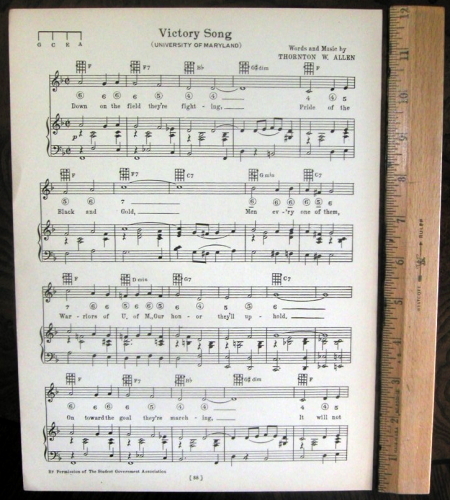 UNIVERSITY OF MARYLAND Football Song Sheet c1929 \