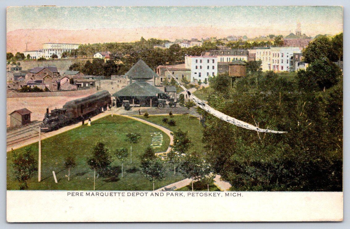 Antique Michigan Postcard PETOSKEY Pere Marquette Depot Park 1912 Antique Michigan Postcard PETOSKEY Pere Marquette Depot Park 1912