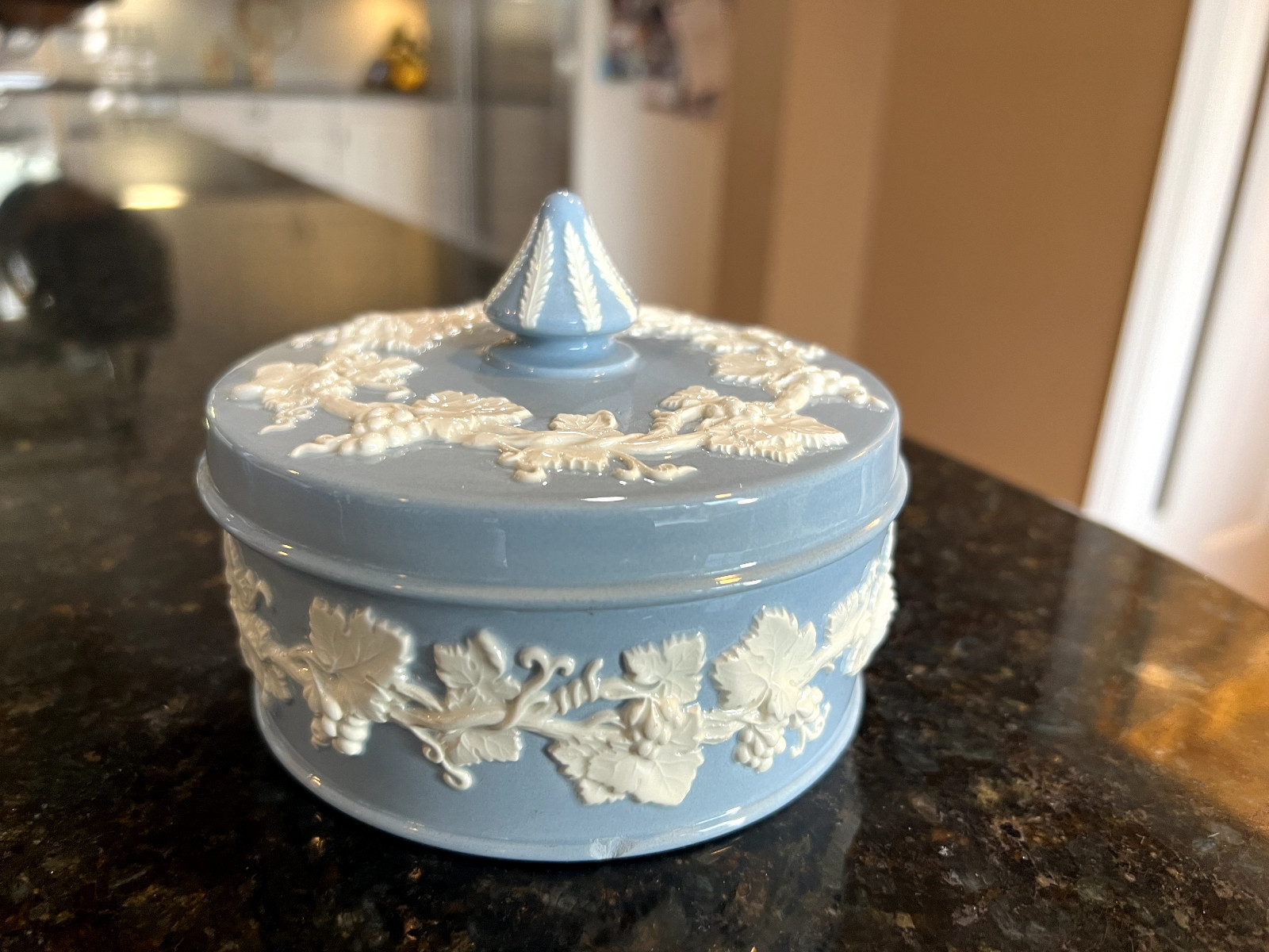 Wedgwood Blue Jasperware Round Covered Candy Dish Trinket Powder Box Queens Ware