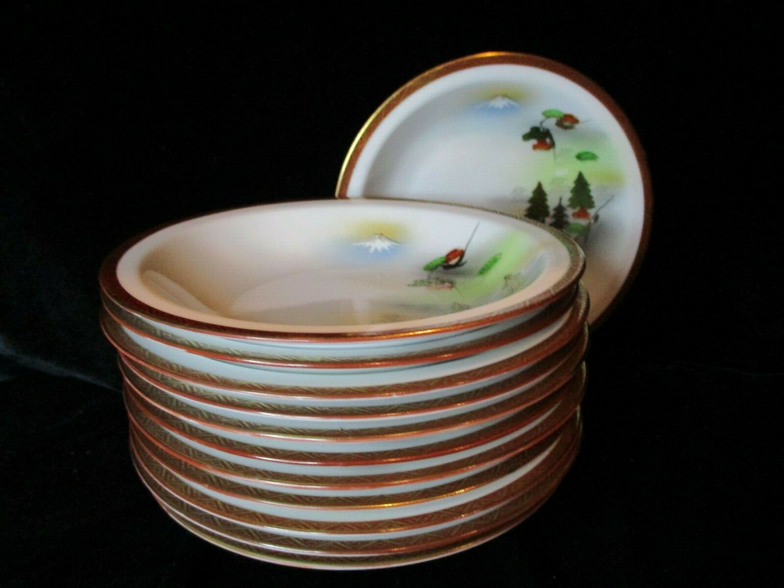 ANTIQUE KUTANI JAPANESE RUST GOLD BAND BOAT TREE SCENE HAND PAINTED 12 SOUP BOWL