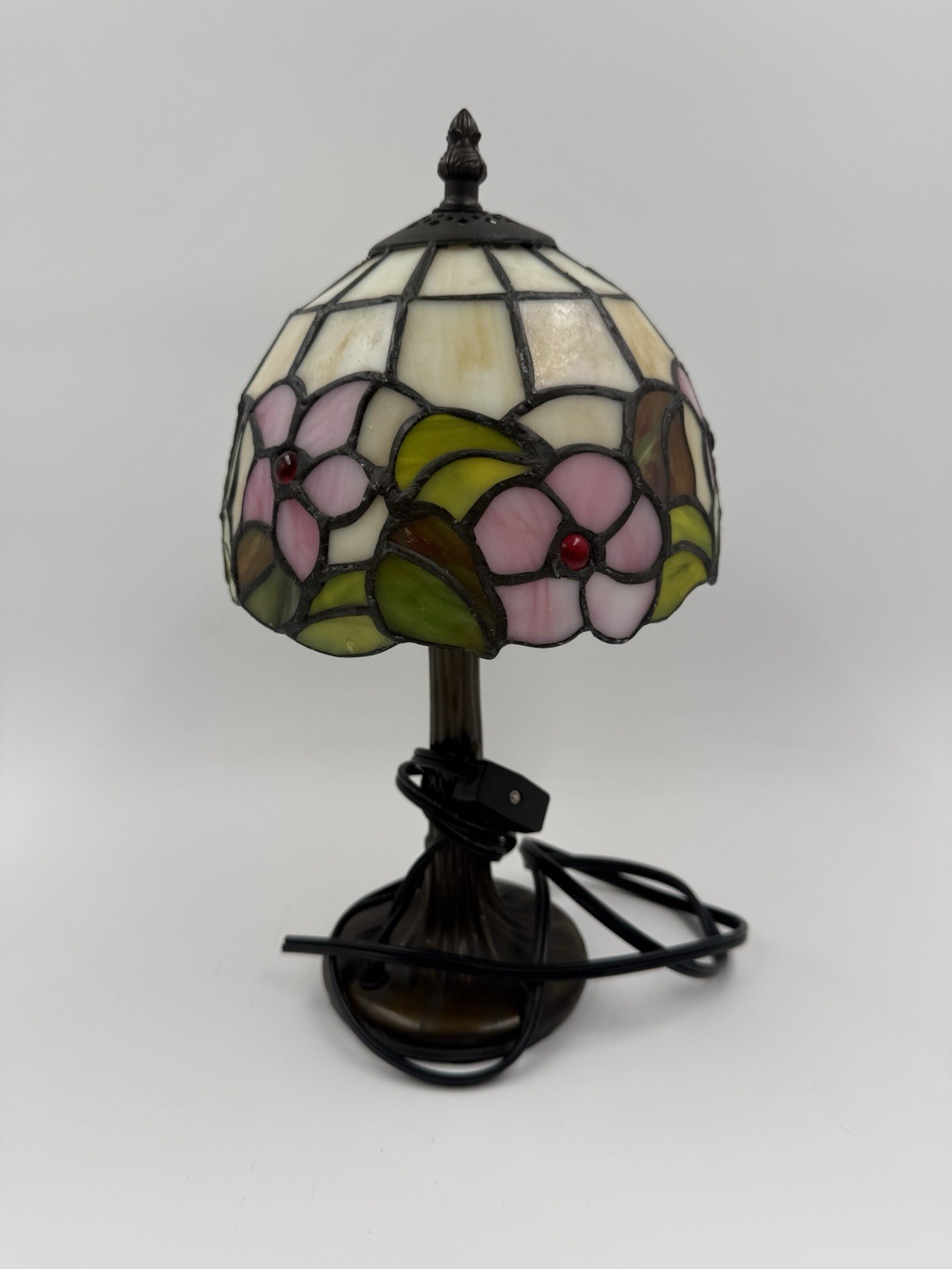Vintage Tiffany Style Stained Glass Floral Table Lamp Pink Flowers 13\