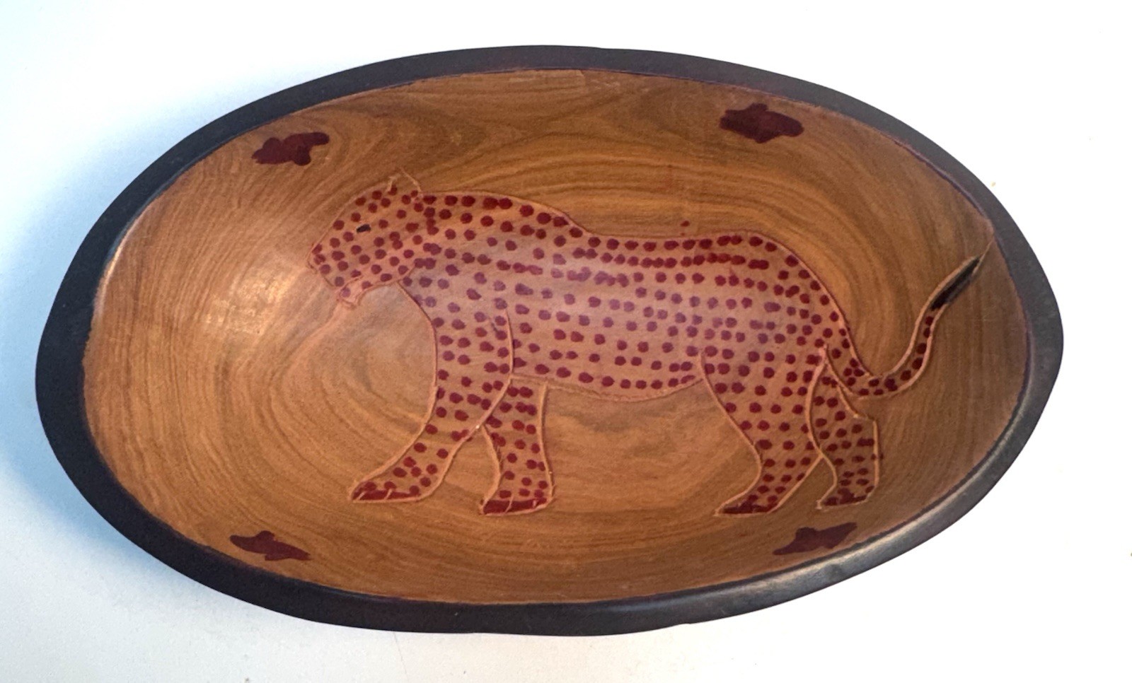 Vintage Hand Carved African Folk Art Wooden Bowl With Leopard Design