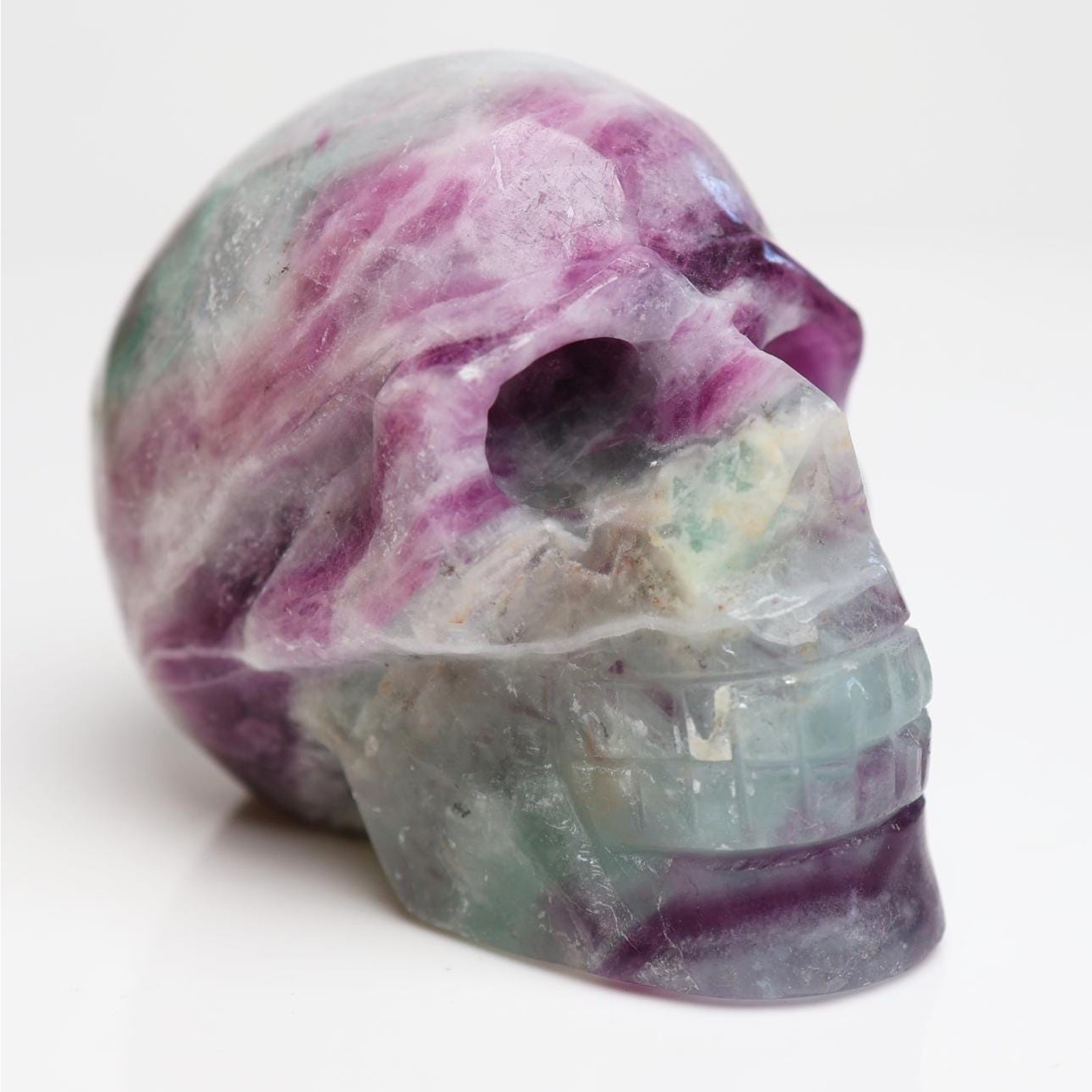 Hand Carved Rainbow Fluorite Skull | Purple Green Banded Gemstone (1lb)