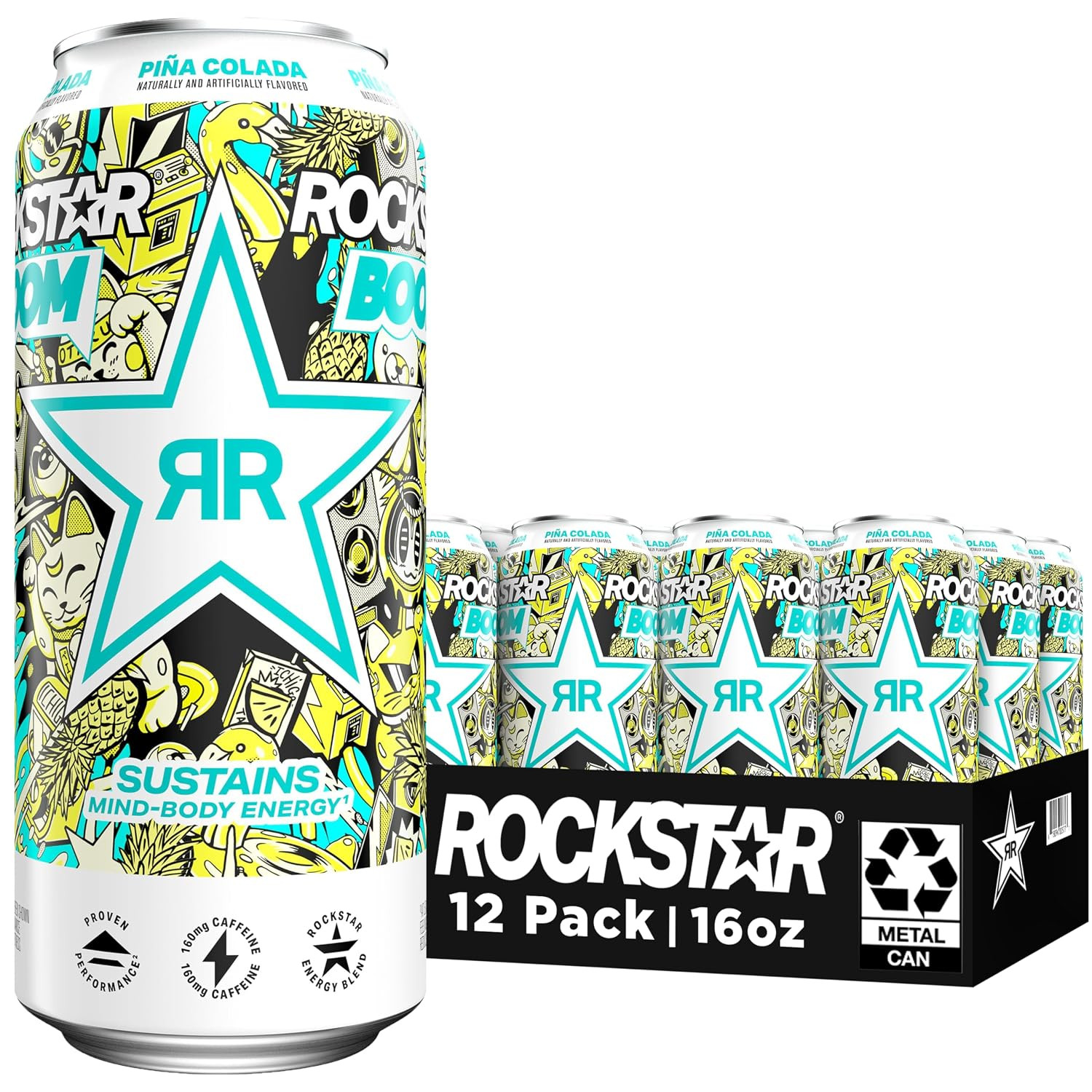 Energy Drink, Boom Pina Colada 16 Fl Oz Cans Pack of 12