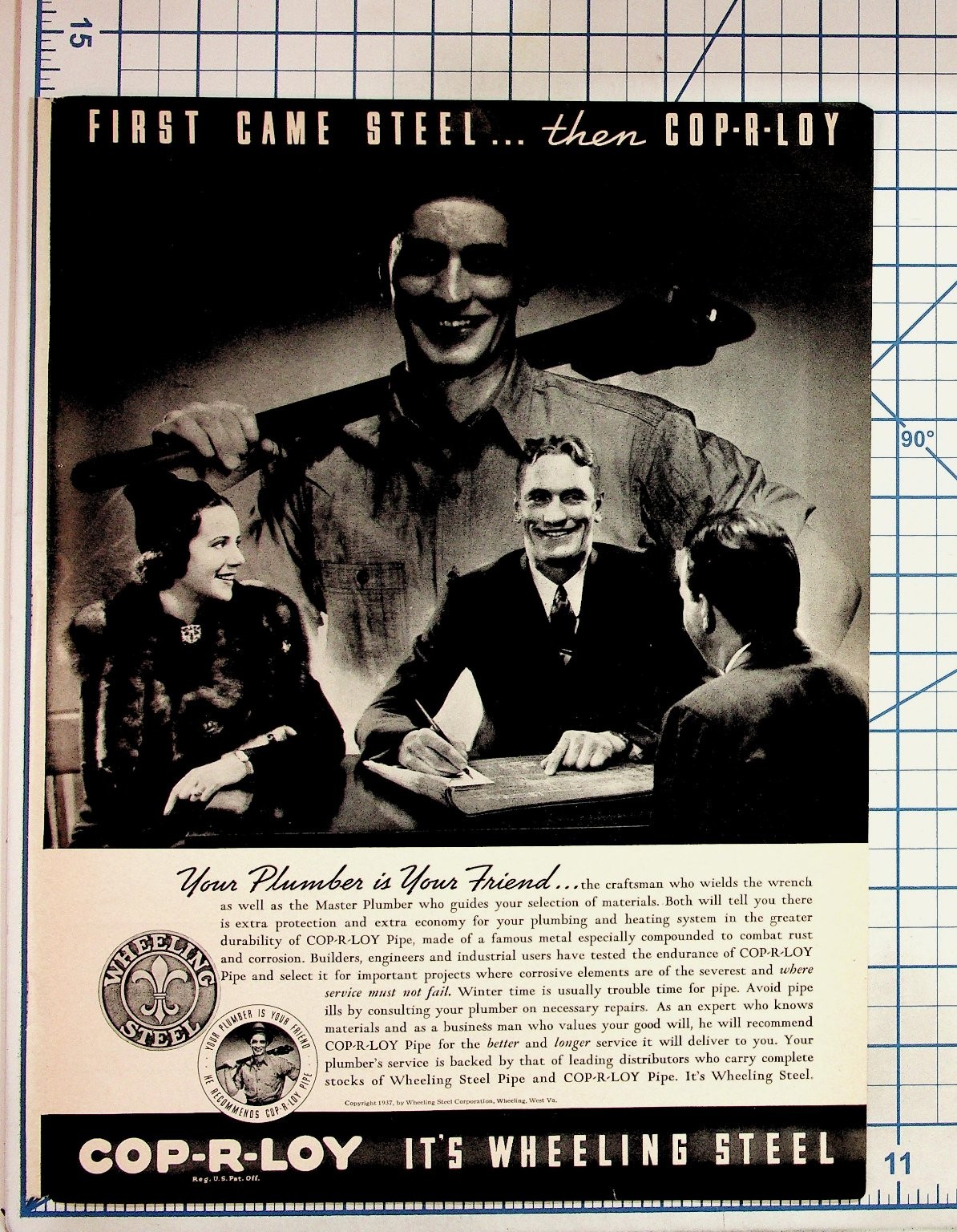 1937 Wheeling Steel COP-R-LOY Pipe Plumbing Vintage Magazine Ad Ephemera