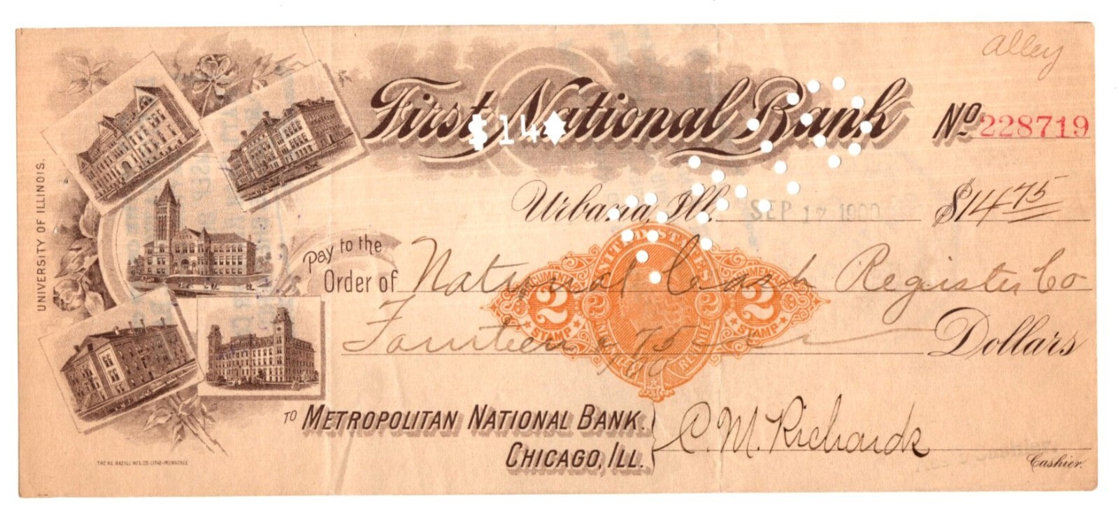 1900 UNIVERSITY OF ILLINOIS URBANA - VIGNETTE -F1RST NAT BANK CHECK 2¢ DOC STAMP 1900 UNIVERSITY OF ILLINOIS URBANA - VIGNETTE -F1RST NAT BANK CHECK 2¢ DOC STAMP