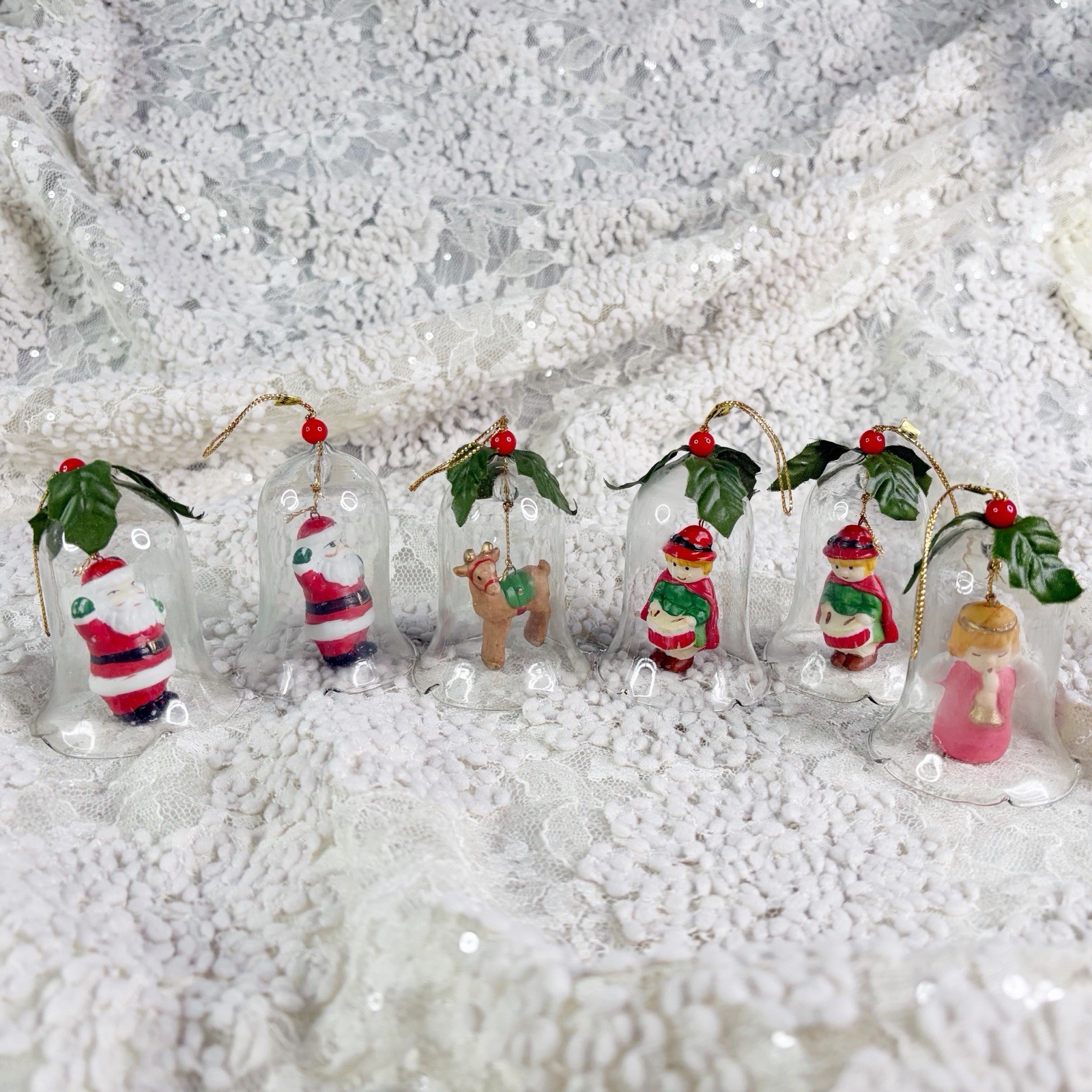VINTAGE L\'IL CHIMERS CRYSTAL GLASS BELL CHRISTMAS TREE ORNAMENTS SET OF 6