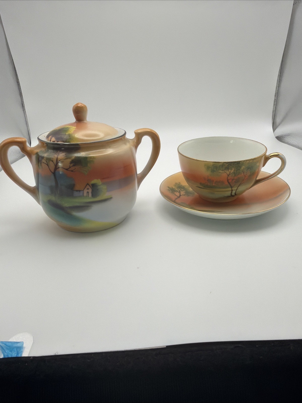 Antique Nippon Hand Painted Japan Tea Cup Saucer & Covered Sugar Bowl Scenic