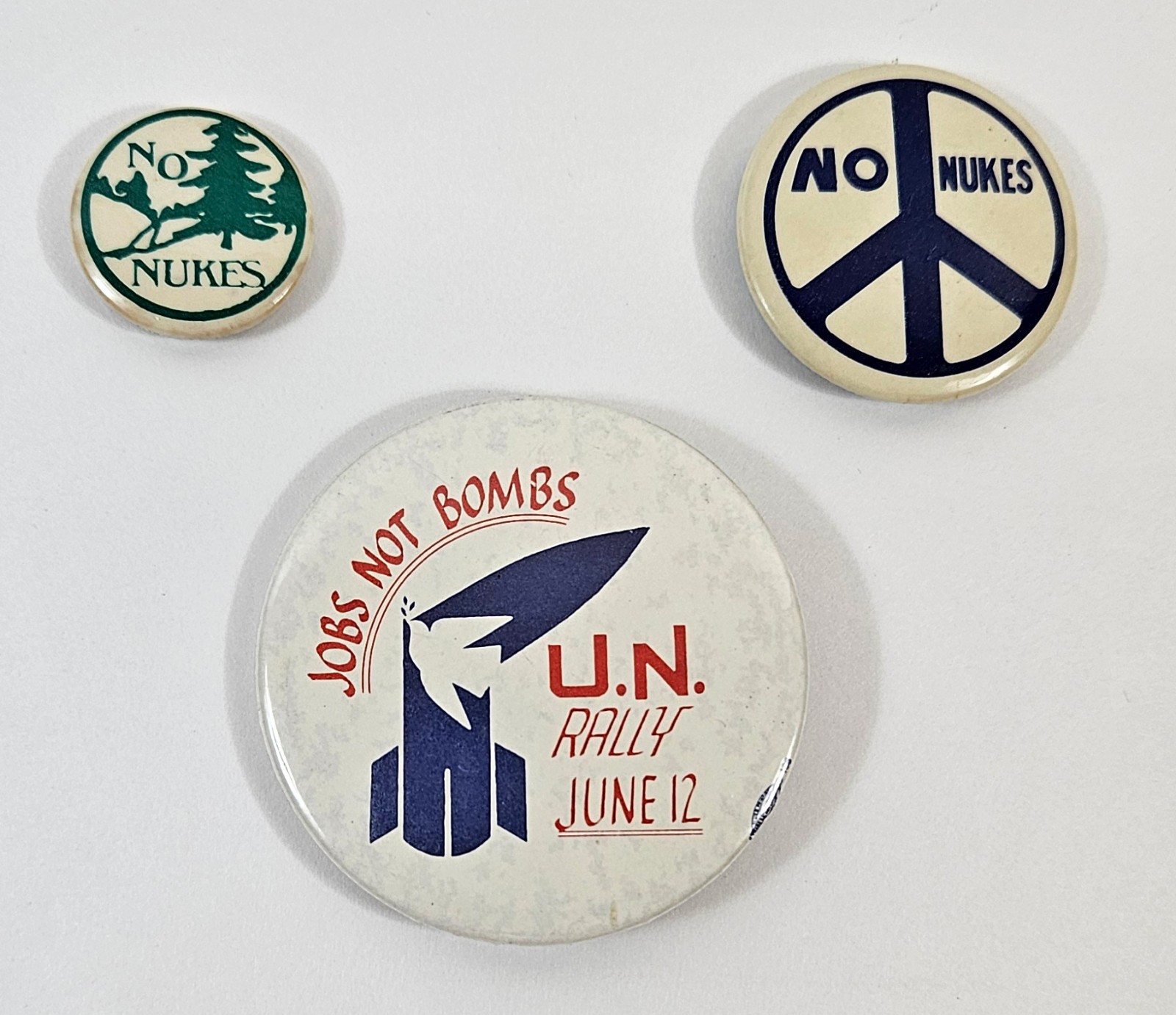 No Nukes Protest 3 Pins 1980\'s Pine Tree, Peace Sign, Jobs not Bombs