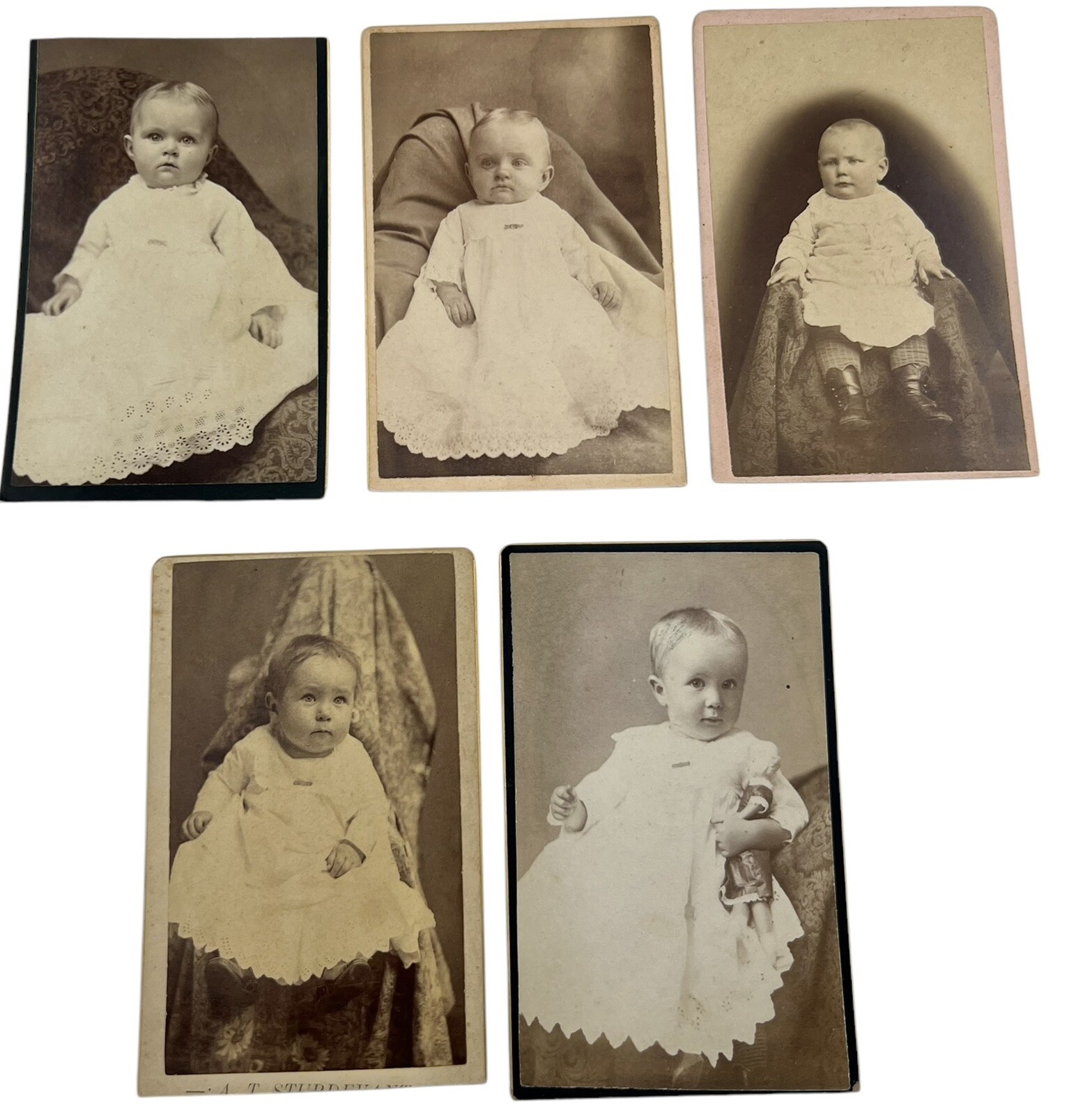 5 Antique Baby Black & White Photographs / Cards Christening Gowns 4” PA Area