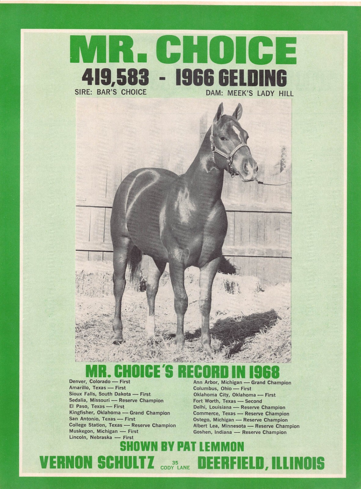 Mr Choice Gelding Vtg Print Ad Bar\'s Choice Meek\'s Lady Hill Vernon Schultz