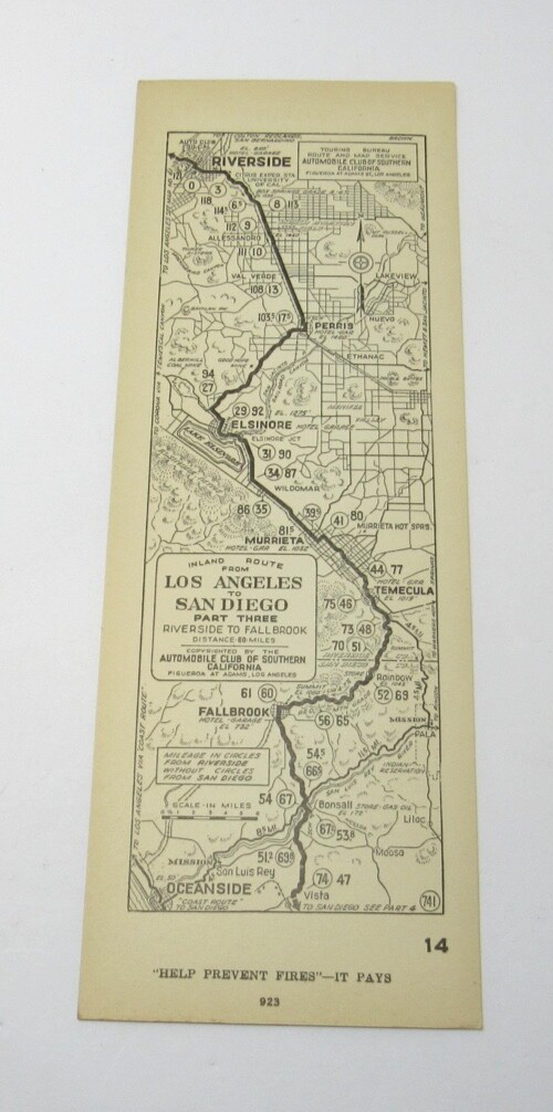 Automobile Club Strip Map Los Angeles to San Diego Part 3 Fall Brook c1915
