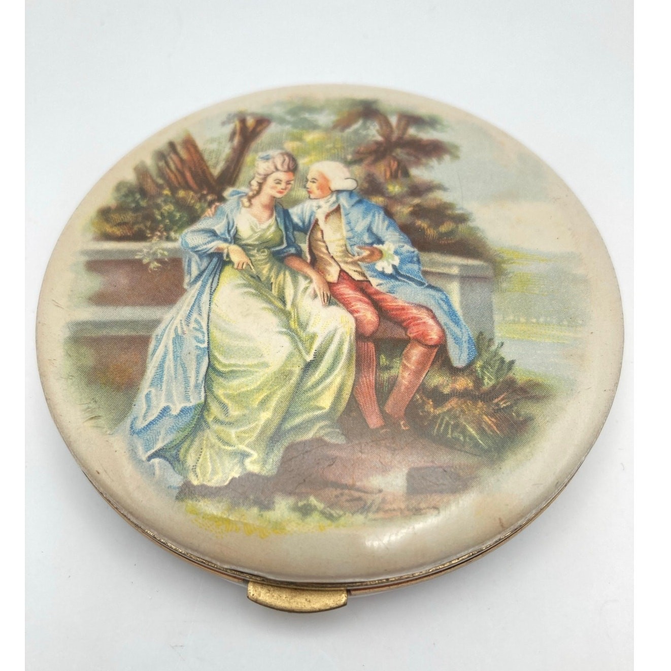 Vintage Lin-Bren Enameled Victorian Courting Themed Powder Compact w/Powder Puff