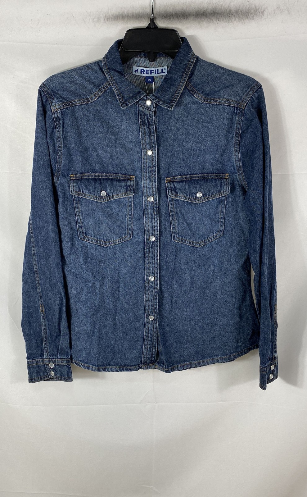 Refill Women's Blue Denim Long Sleeve Button Up Western Snap Shirt XL NWT