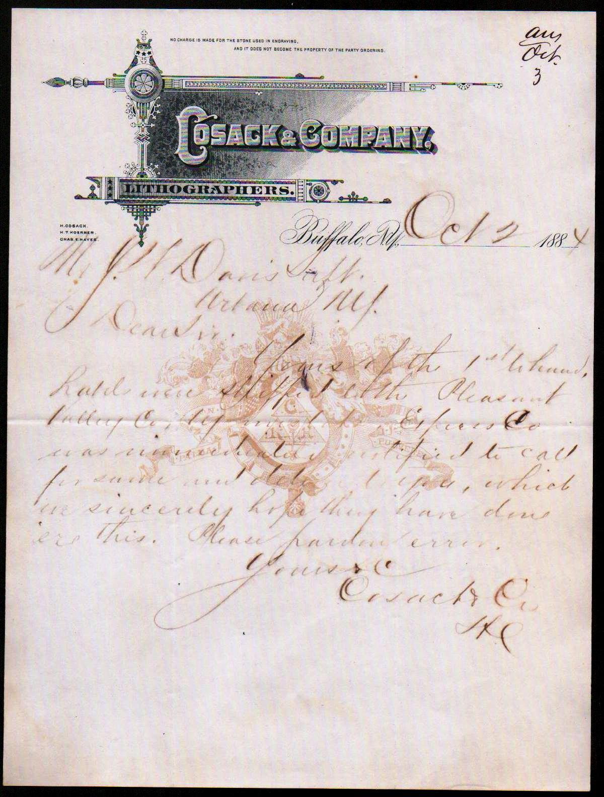 1884 Lithographers --  Cosack & Co -  Buffalo NY - Vintage Rare Letter Head Bill